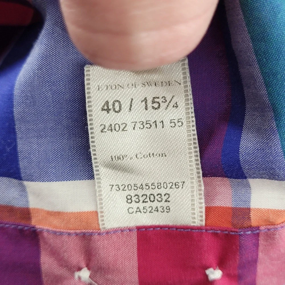 Eton Button Down Shirt 15.75 40 Multicolor Plaid‎ Slim Fit Cotton Mens
